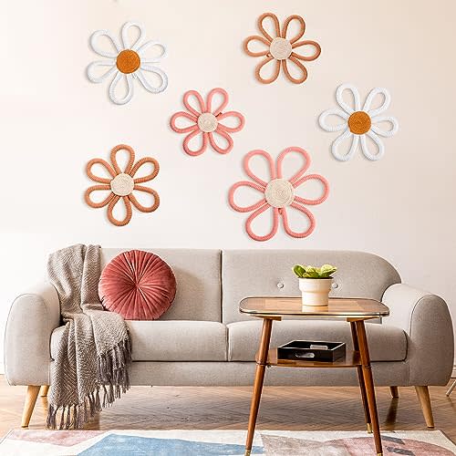 Barydat 6 Pcs Boho Nursery Decor Daisy Flower Woven Macrame Wall Hanging 3 Size Daisy Decor Flower Wall Decor Bohemian Nursery Home Wall Decor for Kids Nursery Dorm Wall Art (Pink, Brown, White)