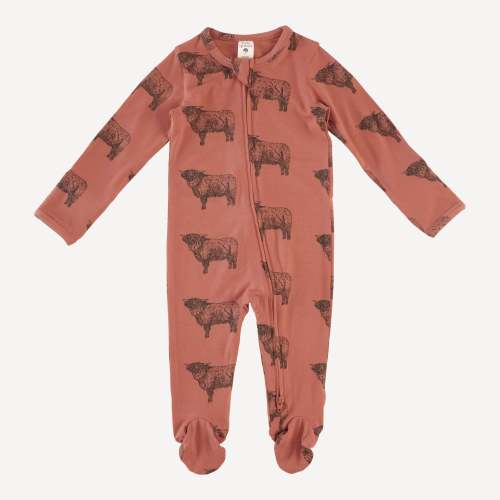 long sleeve zipper footie | aragon highland cow | bamboo