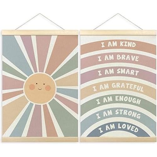 TLESKE Boho Sun Rainbow Inspirational Poster Hanger Frame for Classroom Nursery, Motivational Hanging Wall Art Decor Framed for Kids Room, Colorful Sunshine Wall Prints Picture Artwork Banner, 12x16