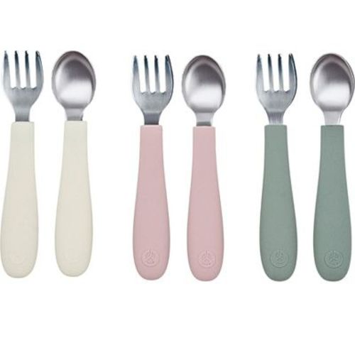WeeSprout Toddler Utensils, 3 Forks & 3 Spoons, 18/8 Stainless Steel & Food Grade Silicone - Matte Pink, Green, Offwhite
