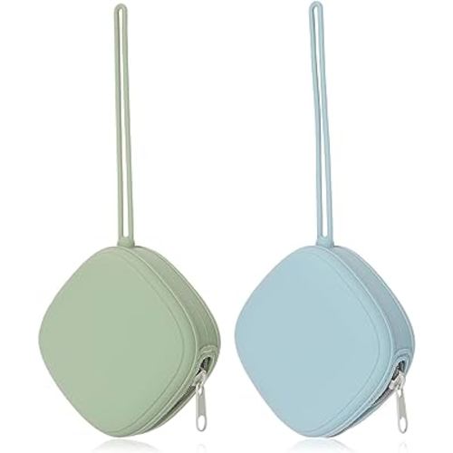 AULEGE Silicone Pacifier Holder Case, Baby Binky Silicone Cover Pouch, Silicone Pacifier Storage Case for Diaper Bag, 2 Pack (Sage, Ether)