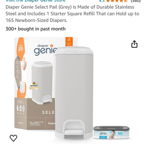 Diaper Genie Select Pail (Grey) is Made of Durable Stainless Steel and Includes 1 Starter Square Refill That can Hold up to 165 Newborn-Sized Diapers.