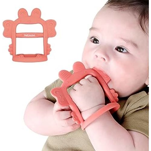 Anti-Dropping Silicone Baby Wrist Teether Soothing Pacifier for Infants 3+ Months Babies, Pack of 1, Made in Korea (Crab-Baby Coral)