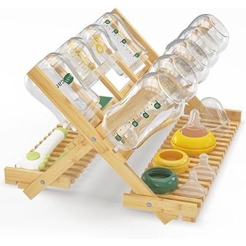 EsLuker.ly Baby Bottle Drying Rack, Bamboo Vertical Dryer Holder Organizer for Kitchen Countertop, Space Saving Foldable Baby Glass Milk Bottle Drain Storage Shelf for New Parents Family, No Assembly