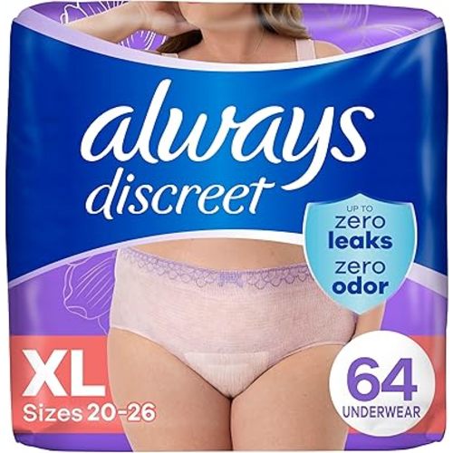 Always Discreet Adult Incontinence Underwear for Women and Postpartum Underwear, XL, Up to 100% Bladder Leak Protection, 64 Count (Packaging May Vary)