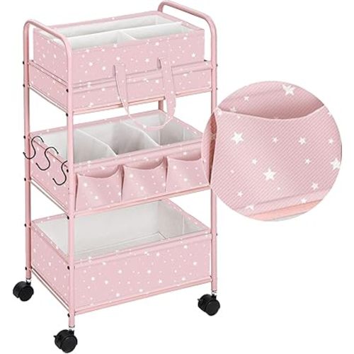 Yookeer 2in1 Baby Diaper Caddy Organizer Cart 3 Tier Large Capacity Metal Utility Bedside Rolling Cart with Divider Newborn Registry Gift Nursery Essential Must Have Bedroom Baby Shower(Pink,Star)