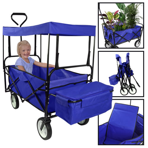 Geniqua Blue Utility Collapsible Folding Wagon Cart w/Canopy Garden Beach Toy Sport Buggy