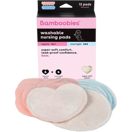 Bamboobies Women’s Nursing Pads, Reusable and Washable, Variety Pack, Leak-Proof Pads for Breastfeeding, Blue and Pink, 12 Pads