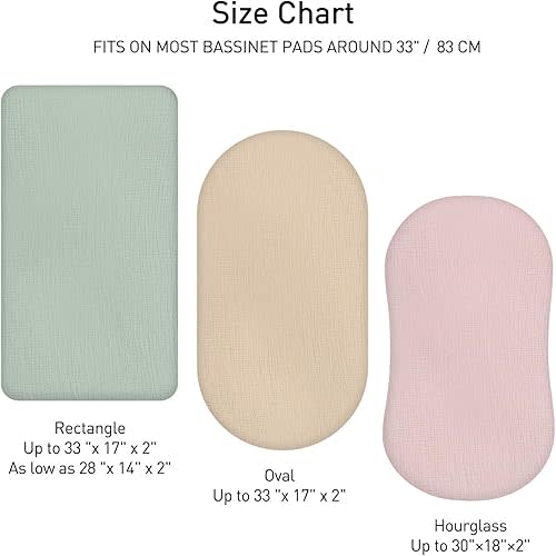 Muslin Bassinet Fitted Sheets, 2 Pack for Baby Boy and Girl, Soft Breathable Stretchy Baby Pad/Mattress Sheet Set, Universal Fit for Hourglass Oval and Rectangle Bassinet Mattress (Gentle Colors)