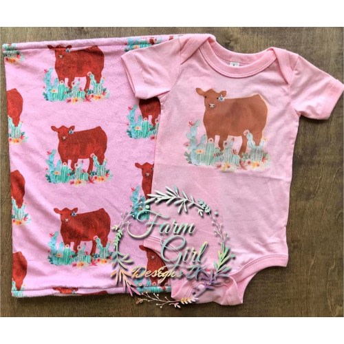 Red Angus with Floral Cactus infant bodysuit & Minky Lovey