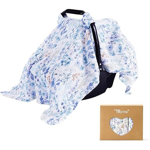 TILLYOU Baby Car Seat Cover, Breathable Muslin Cotton Infant Car Seat Cover, Lightweight Canopy with Sun and Bug Protection(Blue Flower)