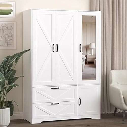 Armoire Wardrobe Closet with Mirror Door and LED Lights,3 Doors Farmhouse Bedroom Armoire with Drawers,Large Capacity Freestanding Armoire with Hanging Rod,Adjustable Shelves and Hooks(White