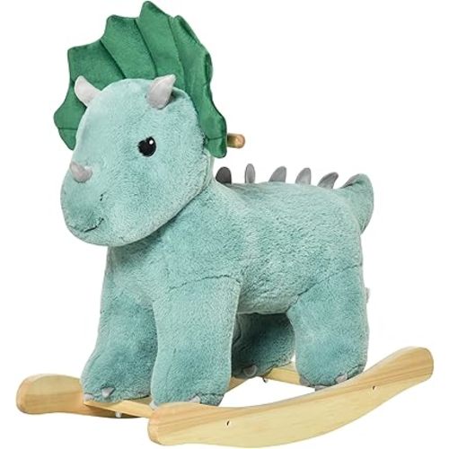 Qaba Kids Plush Ride-On Rocking Horse Triceratops-Shaped Plush Toy Rocker with Realistic Sounds for Child 36-72 Months Dark Green