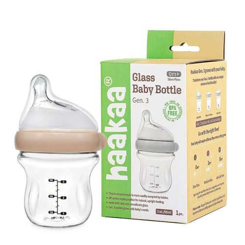 Haakaa Generation 3 Anti-Colic Wide Neck Glass Baby Bottle 4 oz/120 ml with Slow Flow Nipple 0 m +, 1 PK (Peach)