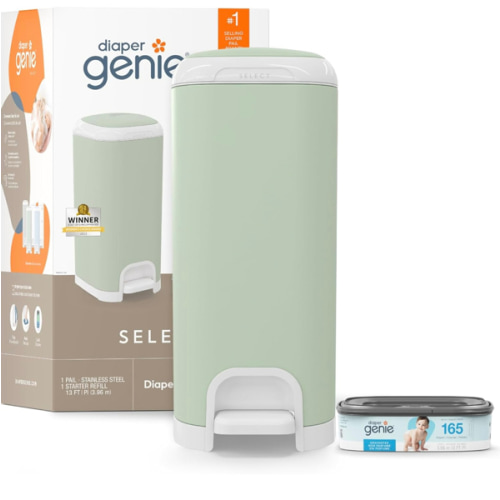 Diaper Genie Select Pail (Green) is Made of Durable Stainless Steel and Includes 1 Starter Square Refill That can Hold up to 165 Newborn-Sized Diapers.
