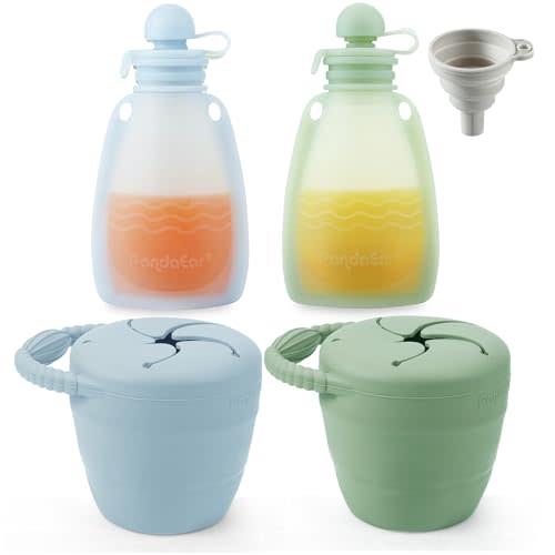 PandaEar 2 Pack Baby Food Pouches & 2 Pack Snack Containers, Reusable Silicone Squeeze Pouches & Collapsible Toddler Snack Cups for Toddler Kids -Blue&Green