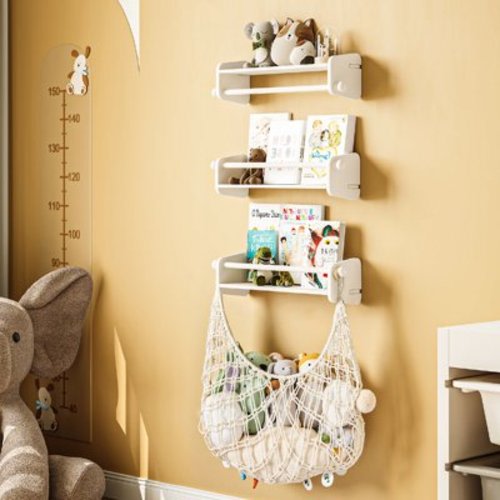 Joqixon Nursery Floating Book Shelves for Wall: Wood Kid's Bookshelves with Plush Toy Storage Net for Organizer and Decor, 4-Pack (3+1)