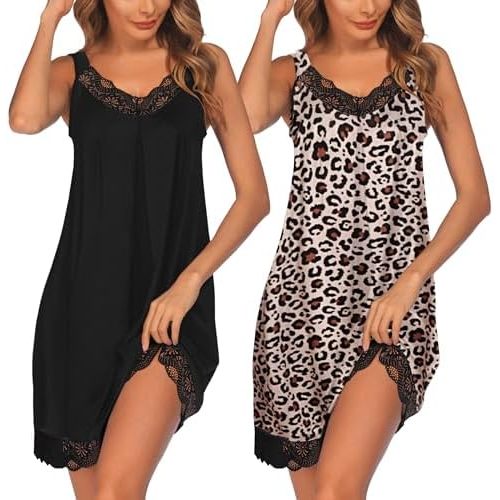 Ekouaer Womens Nightgown 2 Pack Nightgown V Neck Lace Sleepwear Sleeveless Chemise Women's nightgowns & sleepshirts S-XXL