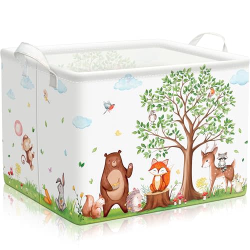 TREWAVE Baby Storage Basket Woodland Animals Gift Basket with Handles Rectangular Collapsible Clothes Towel Toys Bin Bookshelf Organizer for Baby Shower Room Nursery Decor