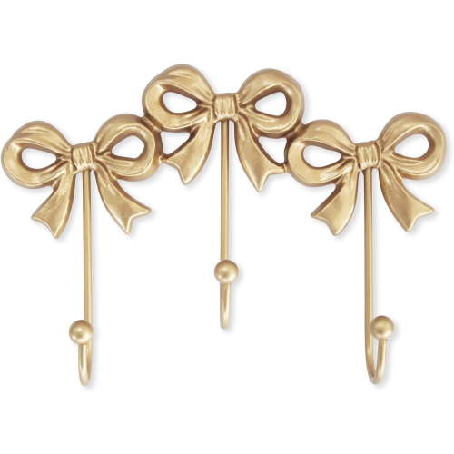 Small Bow Wall Hook,Gold Wall Mounted Functional Hooks,Antique Gold Cast Iron Hook for Coats,Bags, Bath Towels,Room Decorations,Girls Room,Bathroom,Office(Three-Bows Hooks:8.27x5.59 inches)