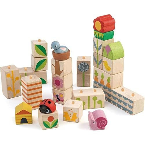 Tender Leaf Toys - Garden Blocks - 25 Pieces Decorative Garden Themed Wooden Stacking Blocks with Peg - Building Blocks, Hand-Eye Coordination Strength & Creative Play - Age 18m+