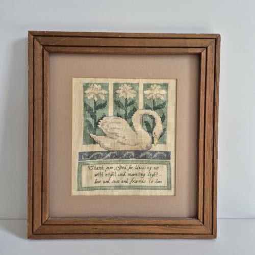 Vintage 1988 Framed Swan Cross Stitch Art, Pair of Nature-Inspired Needlepoint Embroidery Wall Decor in Wooden Frames, Religious Art
