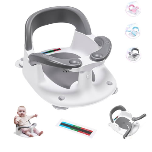 Baby Bath seat for Babies 6 Months & up, 360° Stable Toddler Bath Chair with one-Touch Button, Back Hollow Design, Water Temperature Card & 4 Suction Cups for Safety (Gray)