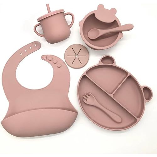 Silicone Baby Feeding Set, Toddler Feeding Set With Divided Suction Plate Bowl Spoons Forks Sippy Cup Adjustable Bib Non Slip Mat, Baby Eating Utensils, Bear Shape, 7-Piece, (Pink)