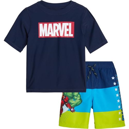Marvel Avengers Boys’ Rash Guard Set – Spider-Man and Captain America – Kids’ UPF 50+ Swim Shirt and Trunks for Boys (3T-12) - 2T - Navy Avengers Multi Stripe
