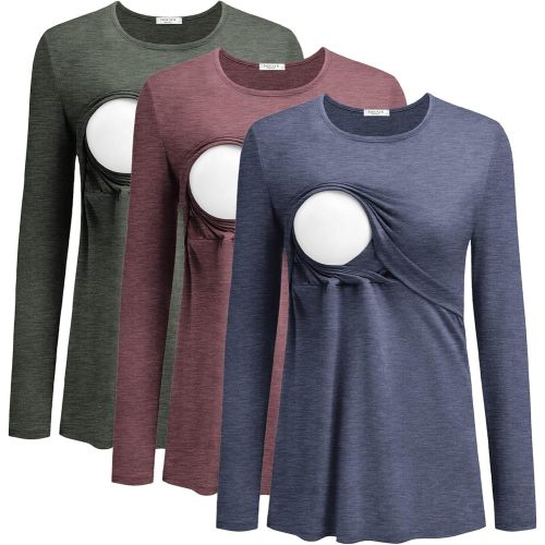 Ekouaer Women Long Sleeve Nursing Shirts 3 Pack Breastfeeding Round Neck Top Double Layer Maternity Tshirt Pregnancy Clothes