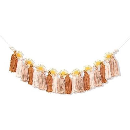 Boho Sunshine Highchair Garland, Warm Earth Tone Yarn Tassel Garland with Wood Beads, The Sun High Chair Cake Smash Banner, Best Boho Sunshine Birthday Decorations for Baby (Sunshine Tassel Banner)