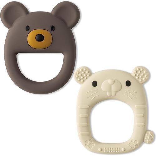 Baby Silicone Teething Toys - 2Pcs Brown Bear Mouse Baby Soothe Teething Chew Toys Infants Soft Teether Toys Toddler Bear and Mouse Design Toy Baby Shower Birthday Gifts for Baby Boy and Girl