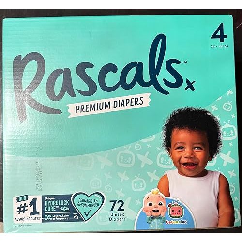 Rascals Premium Diapers, Size 4, 22-33 lbs, 72 Count, Unisex