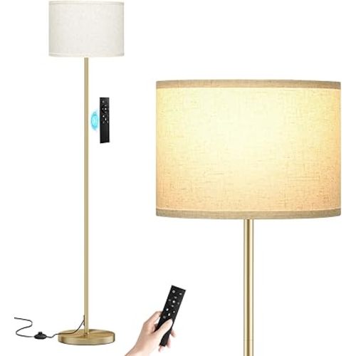 Ambimall 60'' Modern Floor Lamp with Remote, Tall Lamps for Living Room, Bedroom, Office, Dining Room, Beige Shade with Gold Pole(Included Bulb)