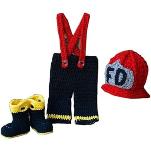 Newborn Boys Photography Prop Crochet Firefighter Fireman Hat Pants Shoes