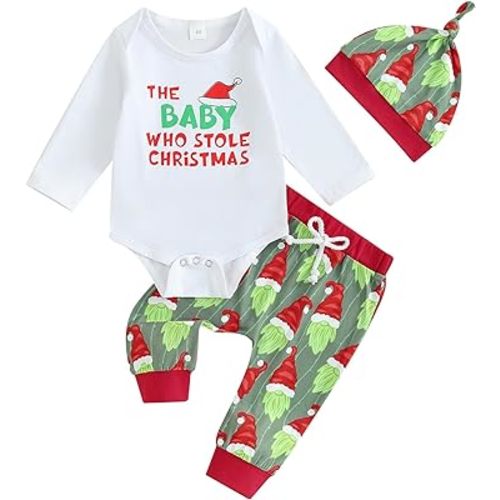 Lamuusaa Newborn Baby Boy Christmas Outfit My First Christmas Romper Shirts Long Pants Hat 3Pcs Fall Outfits 0-24M