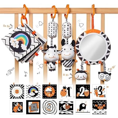 TUMAMA Black and White Baby Toys, High Contrast Baby Tummy Time Toys, Newborn Soft Books Mirror Rattles, Montessori Sensory Toys 0-12 Months, Hanging Infant Toys for Carseat Stroller Play Mat Crib
