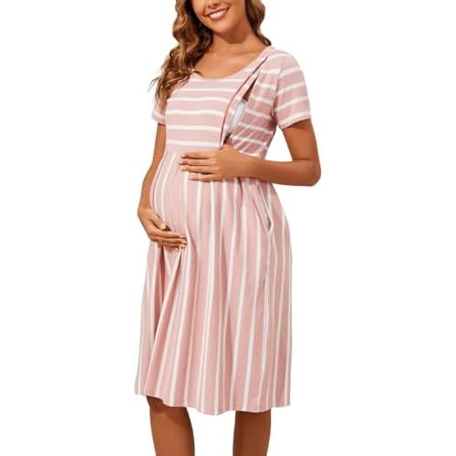 Ecavus Women's Nursing Dress Short Sleeve Hidden Zipper Maternity Breastfeeding Dress with Pockets