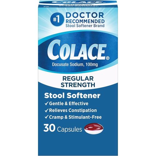 Colace Stool Softener 100 mg, 30 Capsules, Constipation Relief, Docusate Sodium, Gentle Docusate, Stimulant-Free, Regular Strength, #1 Doctor Recommended Stool Softener Brand