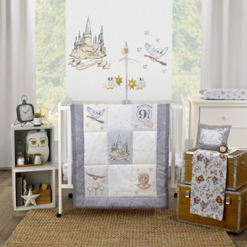NoJo Warner Bros Harry Potter Magical Moments 3 Piece Nursery Mini Crib Bedding Set - Comforter and Two Fitted Mini Crib Sheets, Gray & White