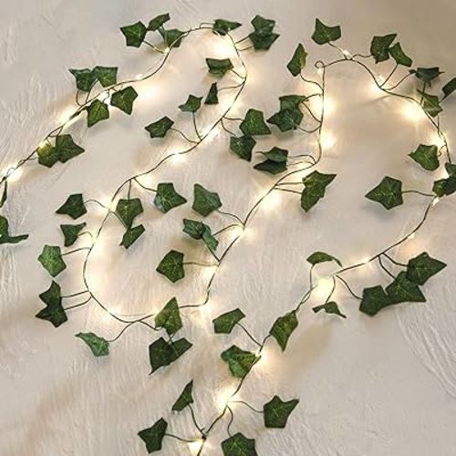 2 Pack 6.56 Ft Vine Lights Green Ivy Vines String Lights Battery Operated, 80 LEDs Battery Powered Artifical Garland Plant Leaves with Lights for Bedroom Holiday Patio Decor (Warm White)