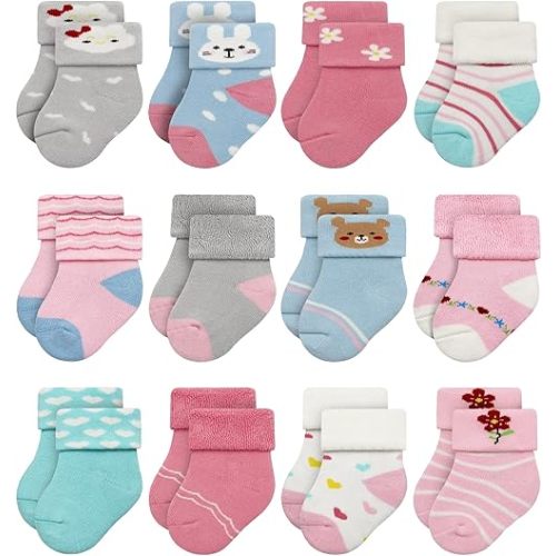 RATIVE Newborn Baby Socks 0-6,6-12 Months Terry Turn Cuff Socks for Boys Girls