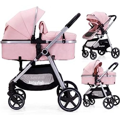 2-in-1 Baby Stroller with Bassinet Mode - Folding Infant Newborn Pram Stroller with Reversible Seat - Toddler Strollers for 0-36 Months Old Babies (Pink)