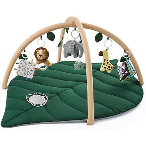 Blissful Diary Baby Play Gym & Activity Mat, Oversize Leaf Shaped Tummy Time Baby Play Mat w 6 Detachable Toys Promotes Motor Skills & Sensory Development, Newborn Infant Essentials Gift, Forest Green