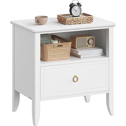 VASAGLE Nightstand, Bedside Table, Side End Table with Drawer and Open Shelf, Minimalist Style, for Bedroom, Couch, Cloud White ULET625W01