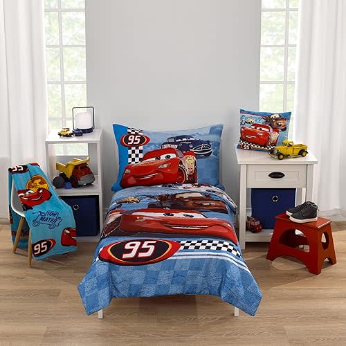 NoJo Disney Cars Radiator Springs White, Blue, and Red Lightning McQueen and Tow-Mater 4 Piece Toddler Bed Set - Comforter, Fitted Bottom Sheet, Flat Top Sheet and Reversible Pillowcase