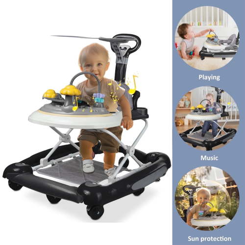 JieC 5-in-1 Baby Walker with Wheels,Infant Toddler Walkers Bouncer for Boys Girls,Black