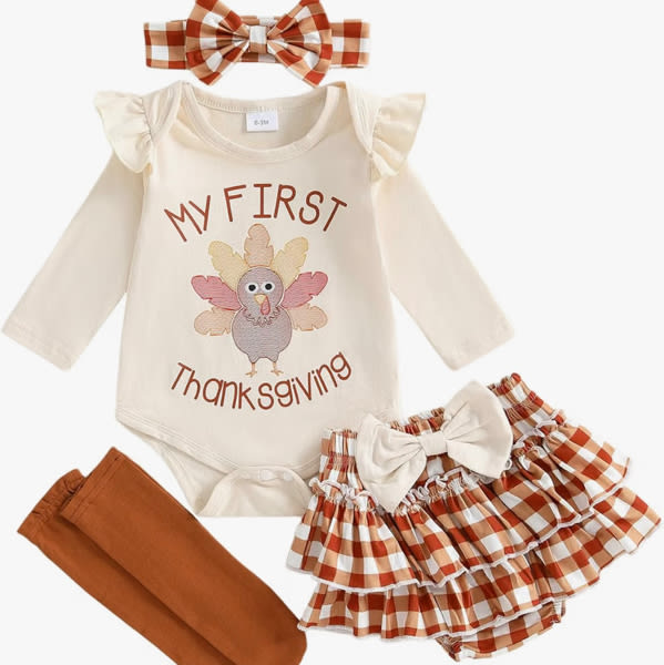Amazon.com: MoZiKQin My First Thanksgiving Baby Girl Outfit Turkey Romper Ruffle Layered Shorts Headband Socks Cute Fall Clothes