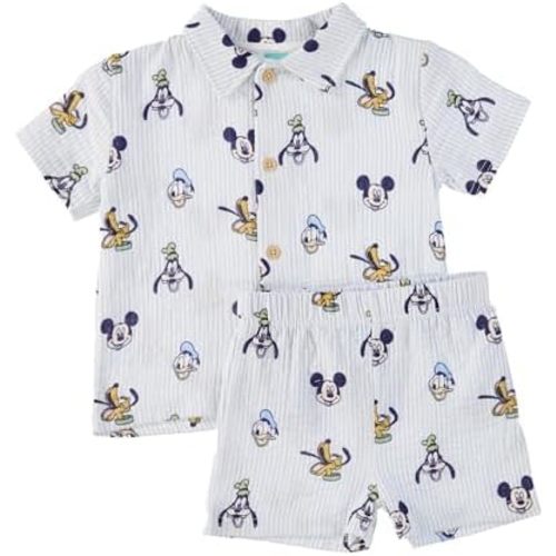 Disney Baby Boys Short Set - Winnie the Pooh, Mickey Mouse, Lilo & Stitch Button Down Short Set for Infants (12M-24M)