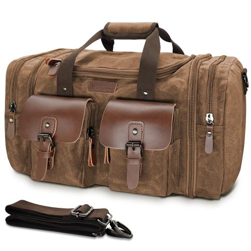 Wildroad Waxed Canvas Genuine Leather 50L Waterproof Duffle Bag - Vintage Travel Weekender Overnight Carry On